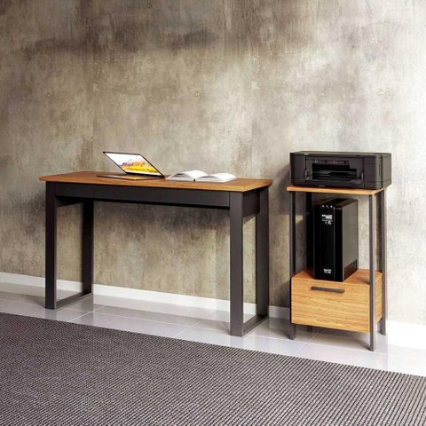 Mesa Escritório e Mesa de Apoio Industrial Dalla Costa Mdf Cor:preto Fosco com Freijó