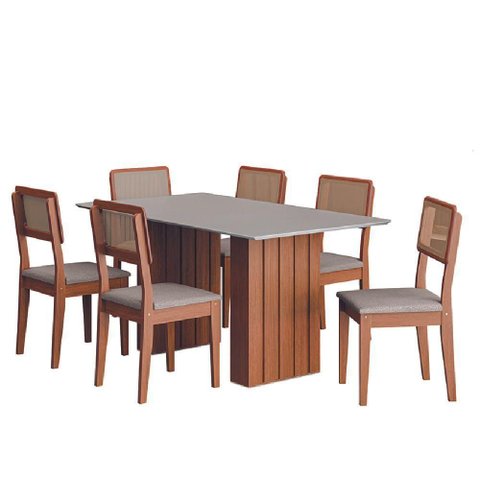 Conjunto de Mesa Sala de Jantar Ripada Tampo com Vidro 1,60m 6 Cadeiras Santiago Dobuê Madeirado/