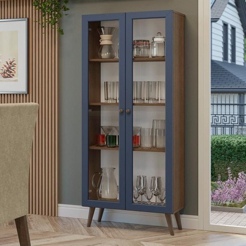 Cristaleira 70 Cm 2 Portas de Vidro com Pés Cônicos Rustic-azul-rustic Vik Madesa