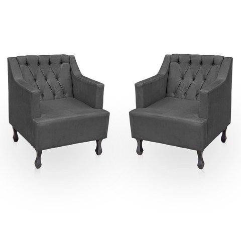 Kit 2 Poltronas para Sala de Estar Clássica Confortável e Reforçada Suede Elizabeth:cinza Chumbo