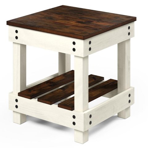 Mesa Lateral de Madeira com Prateleira Branco Envelhecido