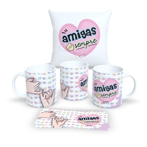 Kit com 1 Caneca Branca de Porcelana 325ml, e 1 Almofada Branca 30x30cm Personalizadas "amizade".