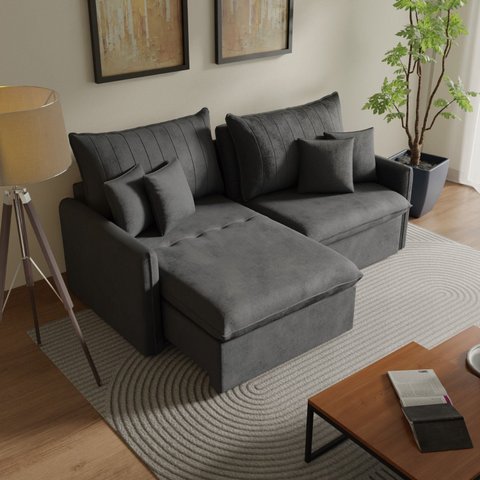Sofá Cama Casal Retrátil e Reclinável 4 Lugares Veludo Cinza Colibri 220cm CabeCasa MadeiraOriginals