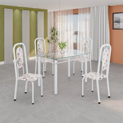 Conjunto de Mesa Tubular com 4 Cadeiras Lara Branco/Arabesco