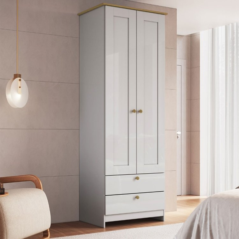 Guarda-Roupa Solteiro 2 Portas 2 Gavetas Americano 60cm Branco/Ipê - Decibal