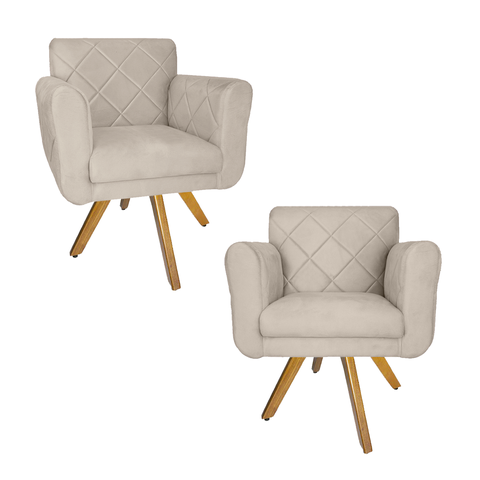 Jogo 2 Poltrona Decorativa Base Giratória De Madeira Salão Isabella Suede Bege - LM DECOR