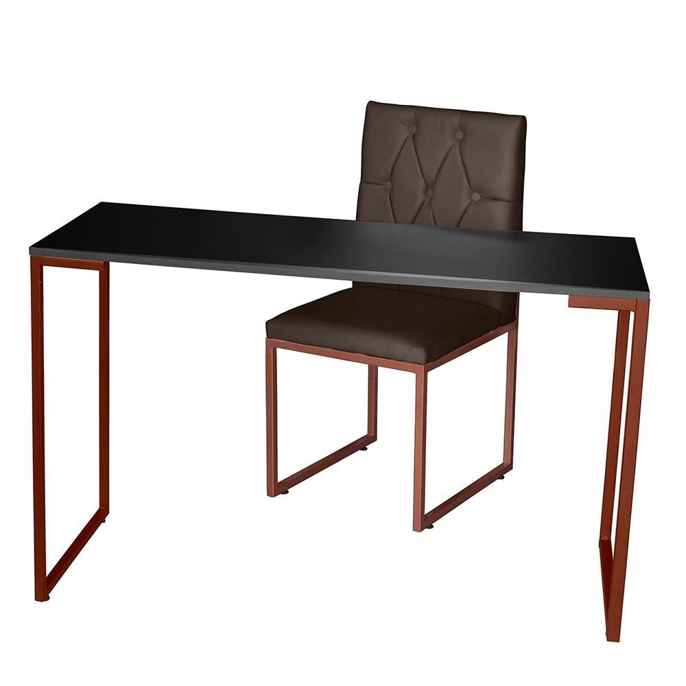 Kit Home Office Mesa Para Escritorio com Cadeira Malta Ferro Bronze Suede Marrom - Móveis Mafer