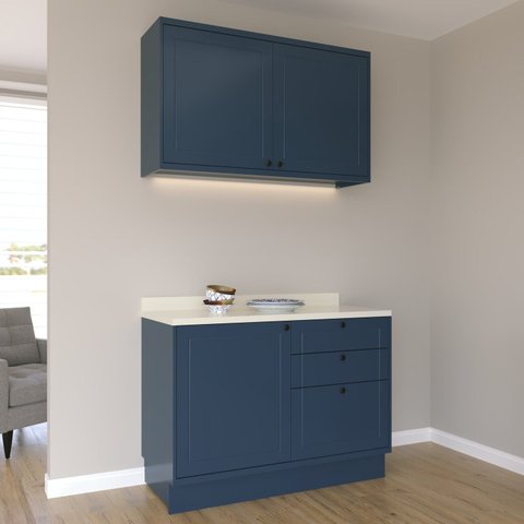 Cozinha Compacta Modulada 2 Peças 3 Portas 3 Gavetas Sevilha Azul/Órion/Cinza Argila