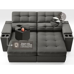 Sofá com Porta Copos e Carregador USB Eureka 1,70m Assento Retrátil e Reclinável Velosuede - 5