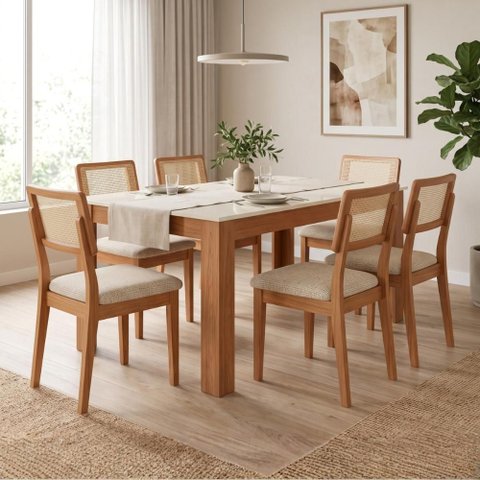 Mesa Jantar 1,60m x 0,90m com 6 Cadeiras Encosto Tela 100% MDF Dalla Costa Cor:Off White com Freij