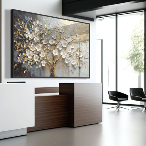 Quadro Decorativo Árvore da Vida Flores Brancas Dourado Sala Quarto Casa Escritório