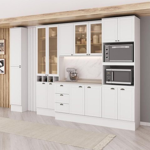 Cozinha Milla Clara Style 15 Portas 3 Gavetas MDF 350cm Branca Móveis Carraro