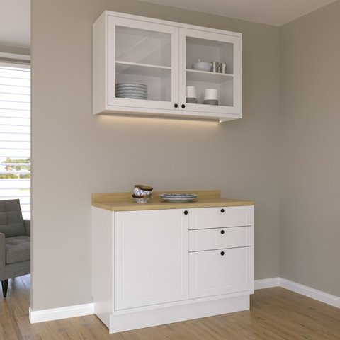 Cozinha Compacta Modulada com Vidro 2 Peças 3 Portas 3 Gavetas Sevilha Branco/Ártico/Carvalho Nature