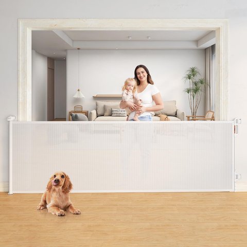 Momcozy Portão Retrátil Extra Larga 118"w X 41"h Branco Seguro para Crianças e Pets
