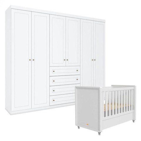 Berço Tutto New e Guarda Roupa Mississipi 6 Portas Branco Fosco - Matic