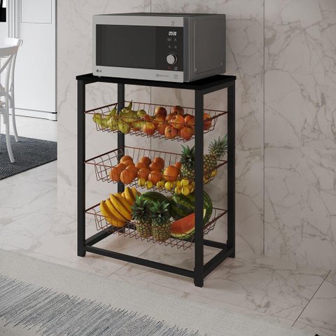 Fruteira Com Suporte Para Micro-Ondas Barcelona Aço Preto Cesto Cobre Tampo Preto Cor: Cobre