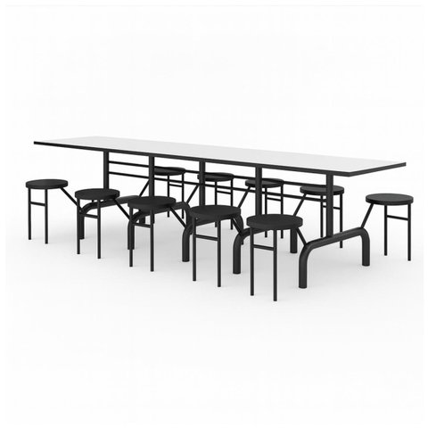 Mesa para Refeitório Escamoteável 10 Lugares MDP Branco de 25 mm - Assento Preto - 50903