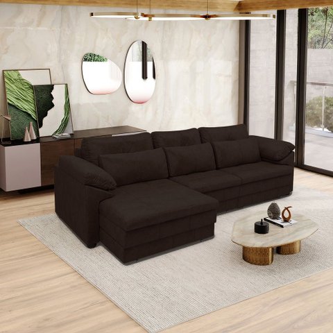 Sofá Retrátil Elétrico Sala de Estar Nolan Bipartido 297cm Conforto Premium em Couro Marrom Manchado