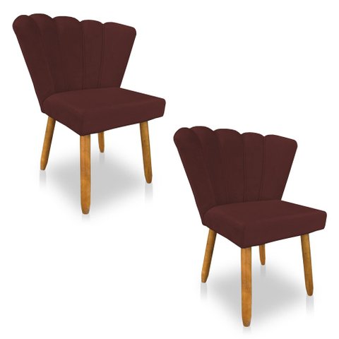 Kit 02 Cadeiras Poltrona Flor Veludo Marsala Pés Palito Castanho - Pallazio