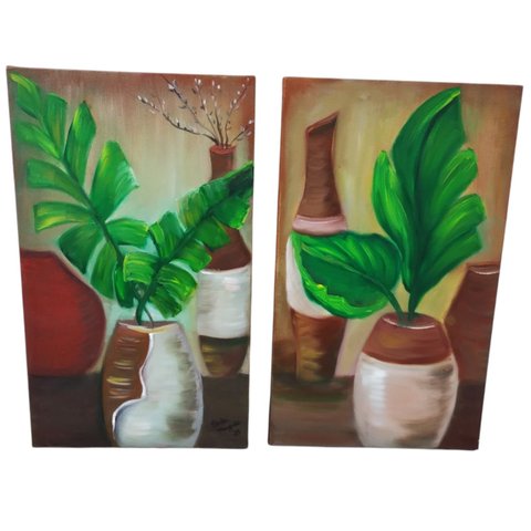 Duo de Quadros Óleo sobre Tela de Vaso com Folhas 60x30 Cm