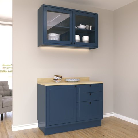 Cozinha Compacta Modulada com Vidro 2 Peças 3 Portas 3 Gavetas Sevilha Azul/Órion/Carvalho Nature