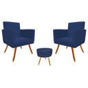 Ver imagem 1 de Kit 2 Poltronas Decorativa Nina + Puff Redondo Suede Azul Marinho Pés Madeira Mz Decor