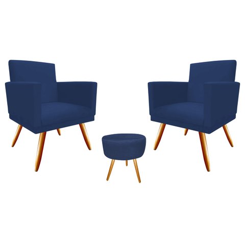 Kit 2 Poltronas Decorativa Nina + Puff Redondo Suede Azul Marinho Pés Madeira Mz Decor