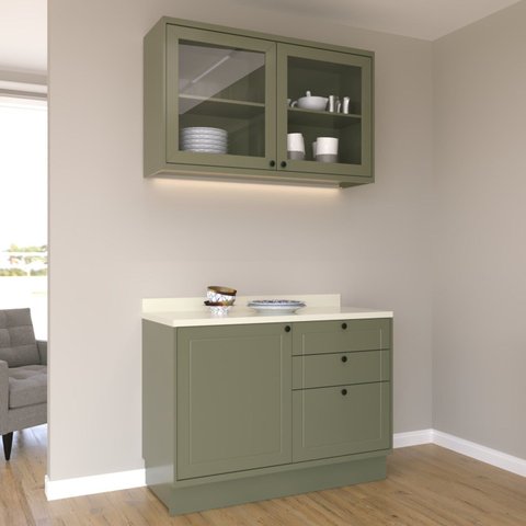 Cozinha Compacta Modulada com Vidro 2 Peças 3 Portas 3 Gavetas Sevilha Verde/Hill/Cinza Argila