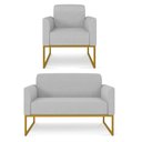 Ver imagem 1 de Kit Namoradeira e 1 Poltrona Decorativa Base Industrial Dourada Maressa A05 Linho Cinza Claro -