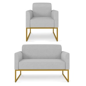 Kit Namoradeira e 1 Poltrona Decorativa Base Industrial Dourada Maressa A05 Linho Cinza Claro -