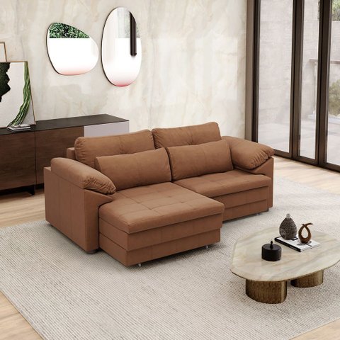 Sofá Retrátil Manual Sala de Estar Nolan Bipartido 215cm Conforto Premium em Couro Mel Manchado G58 