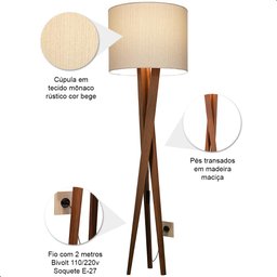 Luminária de Chão Paris com Pés de Madeira e Tecido Mônaco Bege 158cm - 5