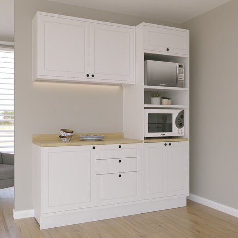 Cozinha Compacta Modulada 3 Peças 6 Portas 3 Gavetas Sevilha Branco/Ártico/Carvalho Nature