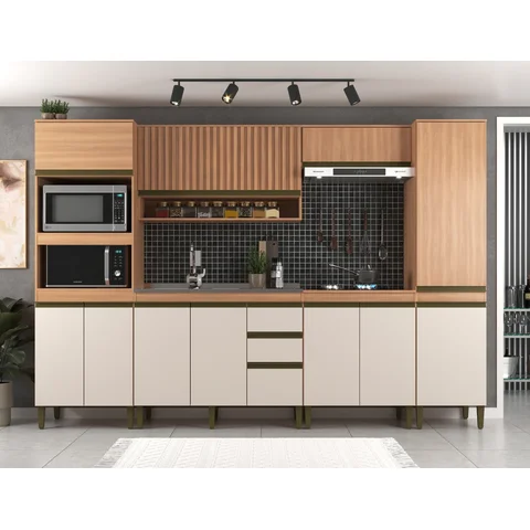 Cozinha Completa 6 Peças 11 Portas com Torre Quente Paneleiro e Aéreo Ripado Cecília