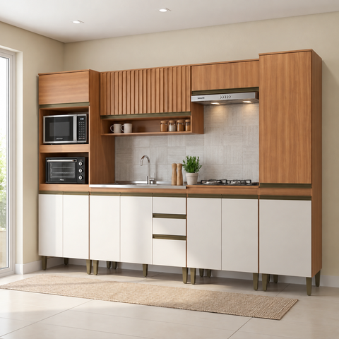 Cozinha Compacta Modulada 6 Peças sem Tampo Freijó Off White Cecília