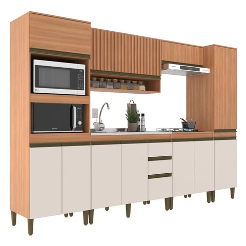 Cozinha Completa 6 Peças 11 Portas com Torre Quente Paneleiro e Aéreo Ripado Cecília