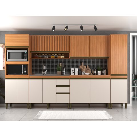 Cozinha Completa 6 Peças 12 Portas com Torre Quente Paneleiro e Aéreo Ripado Cecília