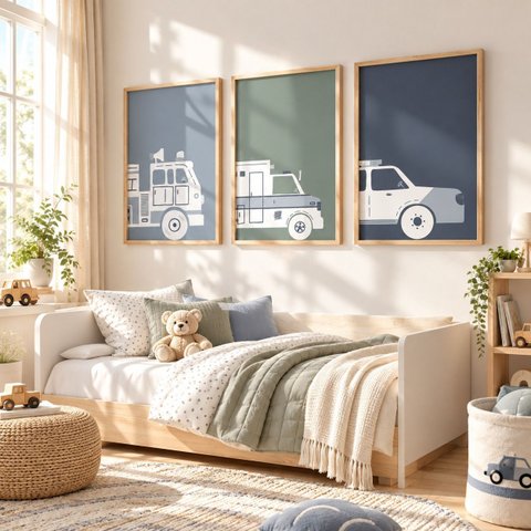 Kit 3 Quadros Infantil Carros Quarto Bebê Menino 40x60 Moldura Madeira NO1