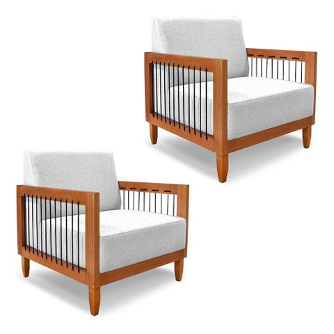 Kit 2 Poltronas Decorativa Marilia Linho Base em Madeira Castanho - Pallazio Cor Cinza