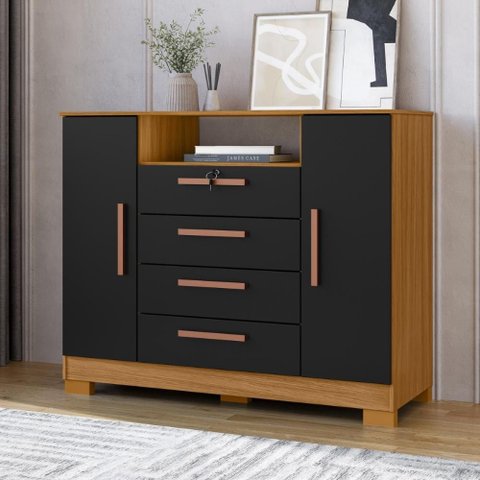 Comoda 4 Gavetas 2 Portas com Chave e Nicho Funcional - Carvalho Americano/preto Tx