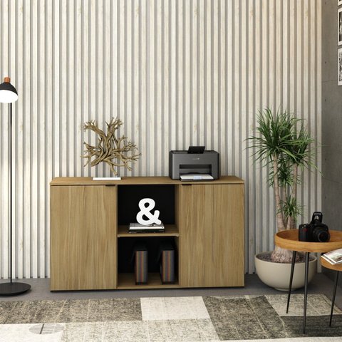 Armário Baixo com 2 Portas e Nicho 75cm x 135cm x 42cm Marrom/Vermont Oak/Preto
