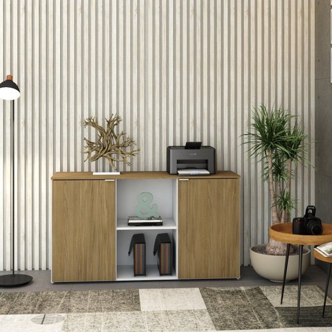 Armário Baixo com 2 Portas e Nicho 75cm x 135cm x 42cm Branco/Vermont Oak