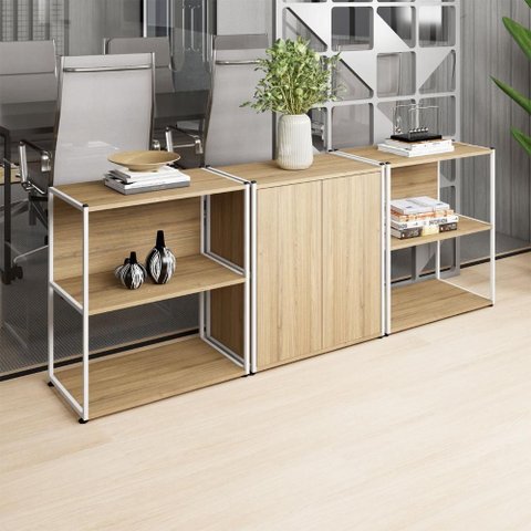 Armário para Escritório e 2 Estantes Industriais F5 Office Cor:macadâmia com Branco