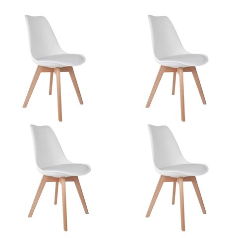 Kit 4 Cadeiras de Jantar Saarinen Leda Tulipa Base Wood Madeira Maciça com Estofado em Couro Branco