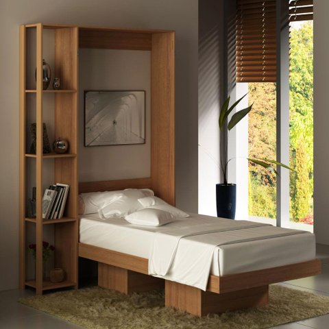 Cama Articulada Solteiro 193x128,5cm C/ Nichos e Prateleiras Amendoa Cm8013 Tecno Mobili