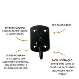 Gancho de Rede Reforçado Tipo Armador Preto Resistente 200kg - 2 Gancho de Rede Reforçado Tipo Armador Preto Resistente 200kg - 2