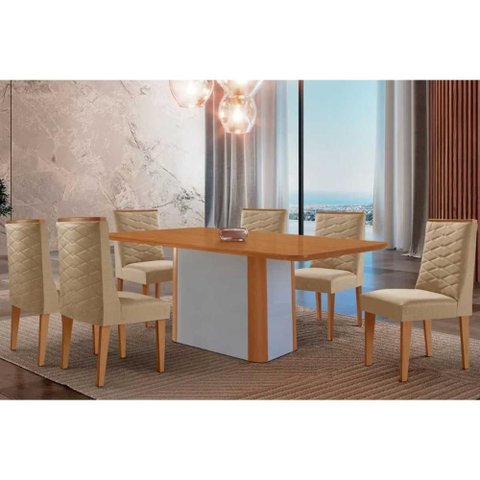Conjunto: Mesa Sala Jantar Pietá C/ Tampo Madeirado Canto Curvo 180x90cm e 6 Cadeiras Dafne