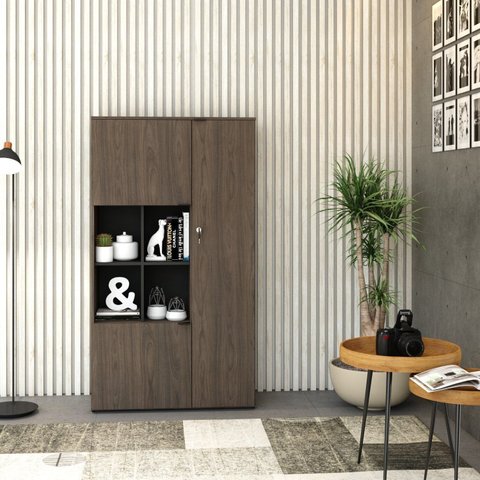 Armário Alto com Nicho e 3 Portas 161,5cm x 90cm x 42cm Preto/Terracota