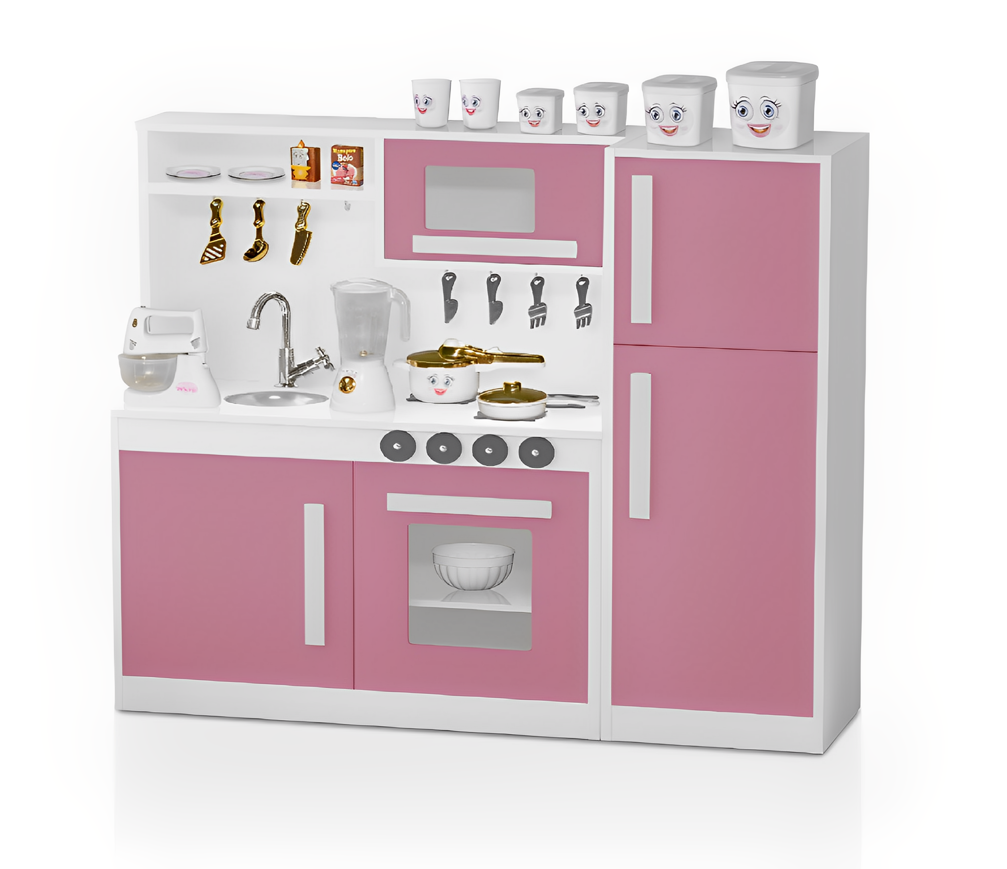 Cozinha Infantil Com Pia Fogão Micro-ondas e Geladeira Rosa Potente