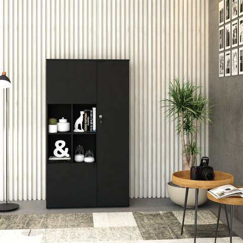 Armário Alto com Nicho e 3 Portas 161,5cm x 90cm x 42cm Preto
